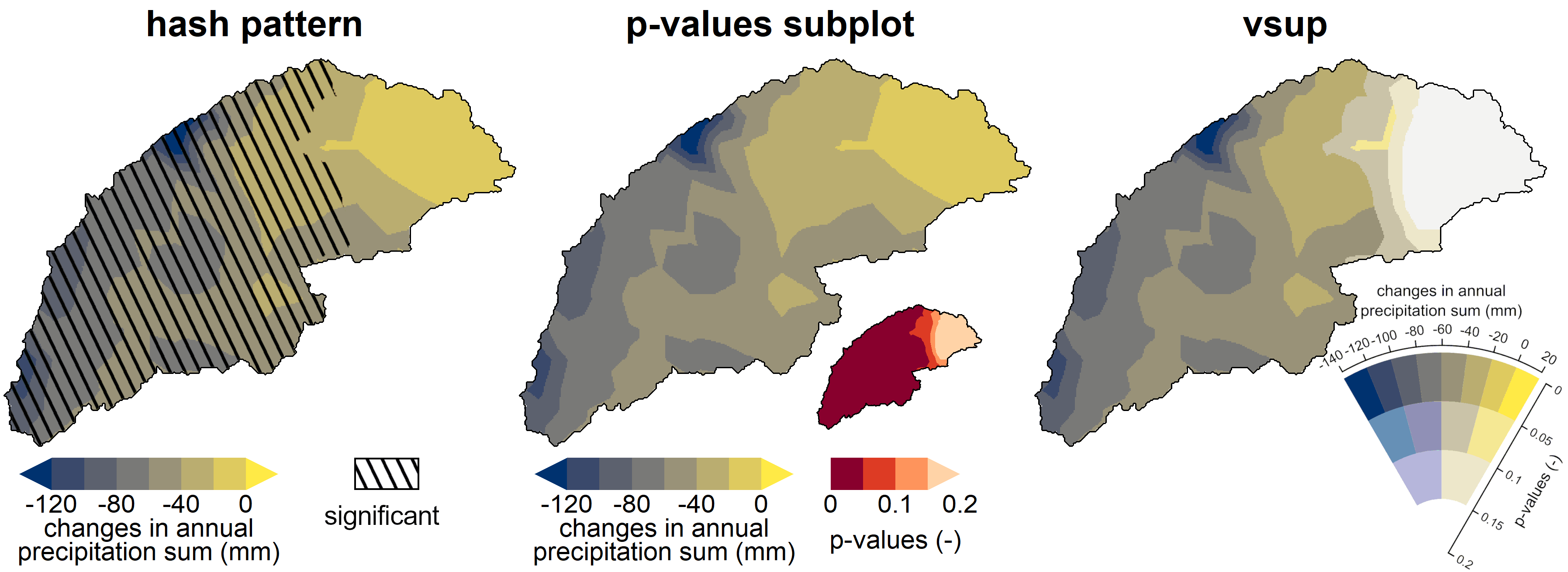 Ensemble-average precipitation sum showing uncertainty with three methods